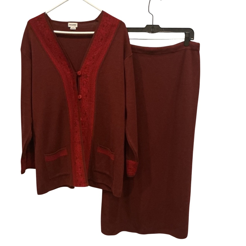 Vintage Womens Italian Merino Wool Knit Skirt Set XL Burgundy Red Cardigan Italy